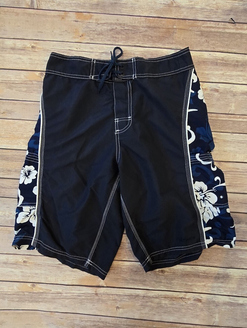 Men's Black, Blue Floral Side-Panel Swim Trunks